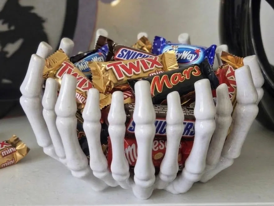 Skeleton Hands Candy Bowl — 3D Printed Halloween Treat Holder in Matte White