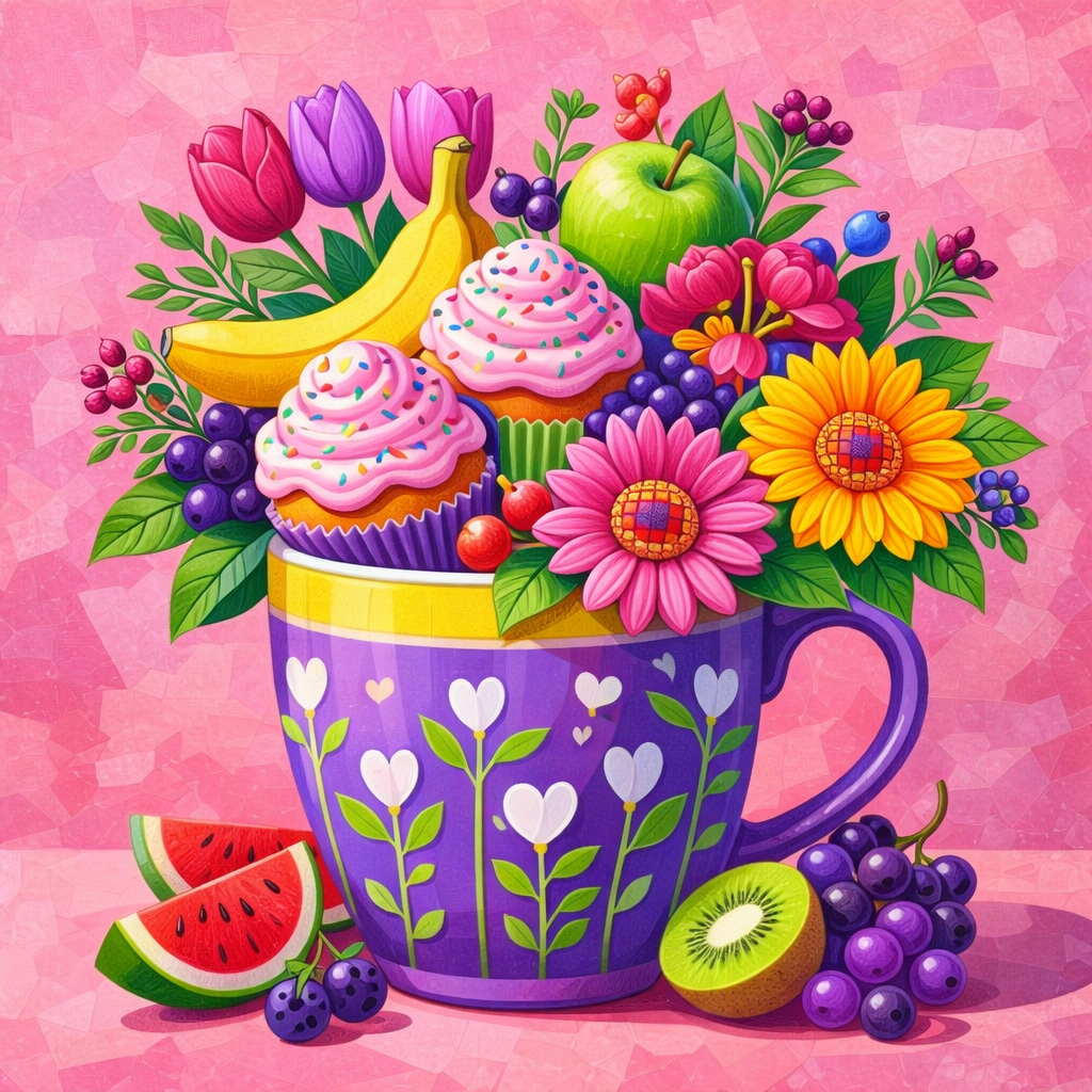 Diamond Painting Kit Cupcake Bouquet, Full Drill Round Diamond Art Kit for Adults, 40x40cm DIY Craft Kit, Kitchen Wall Decor Gift