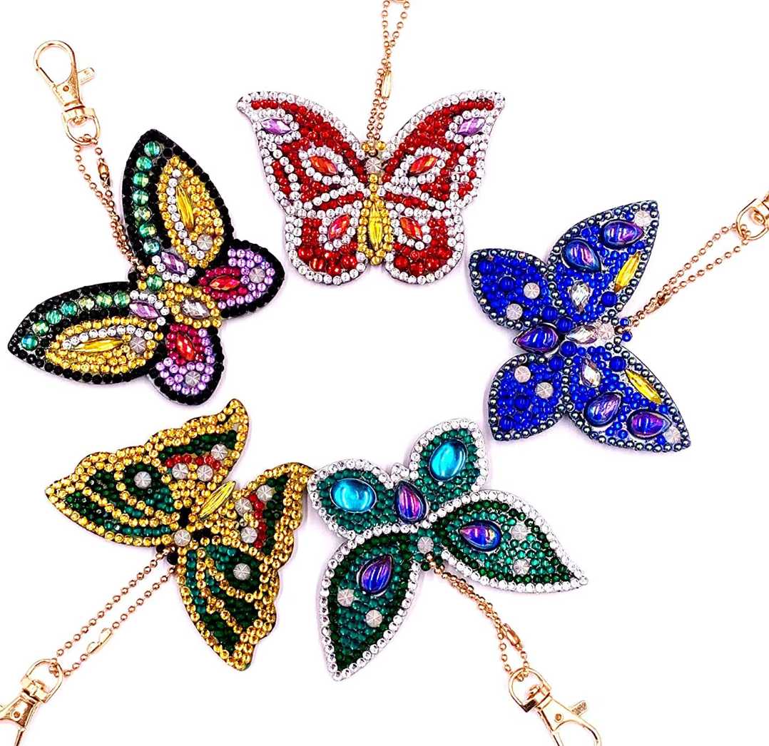Butterfly diamond painting keychain set, five jeweled butterflies