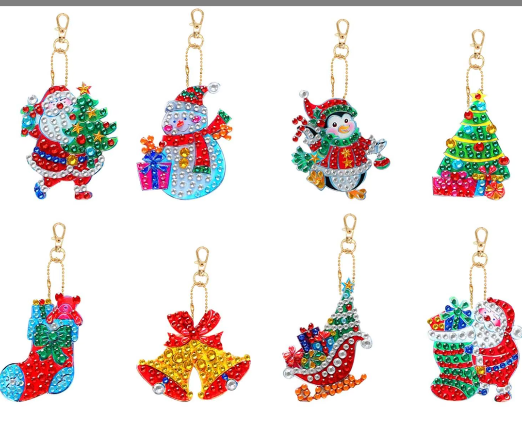 Christmas diamond painting keychain set, eight holiday charms