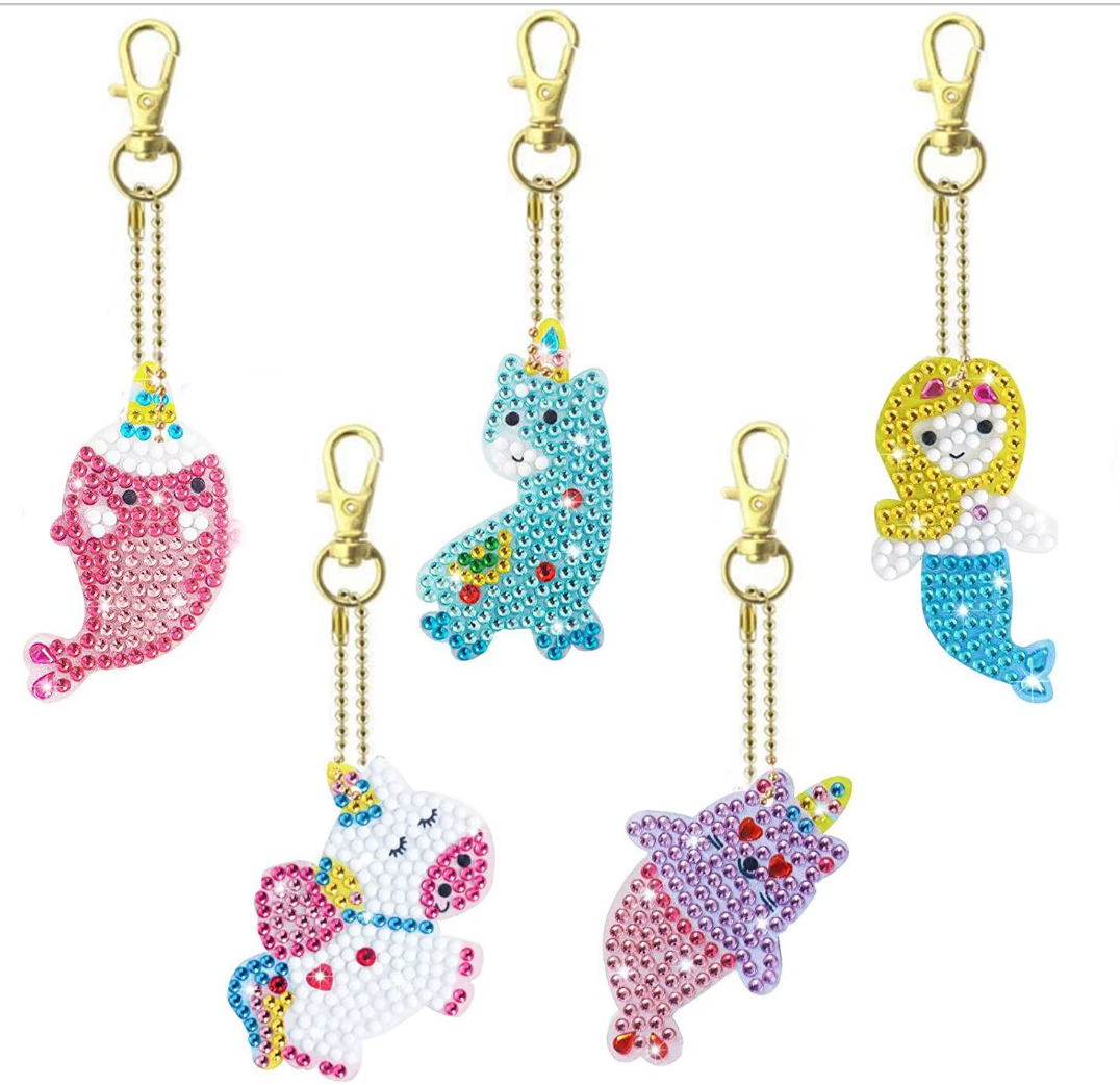 Kids animal diamond painting keychain set — narwhal, dinosaur, mermaid, unicorn, dolphin