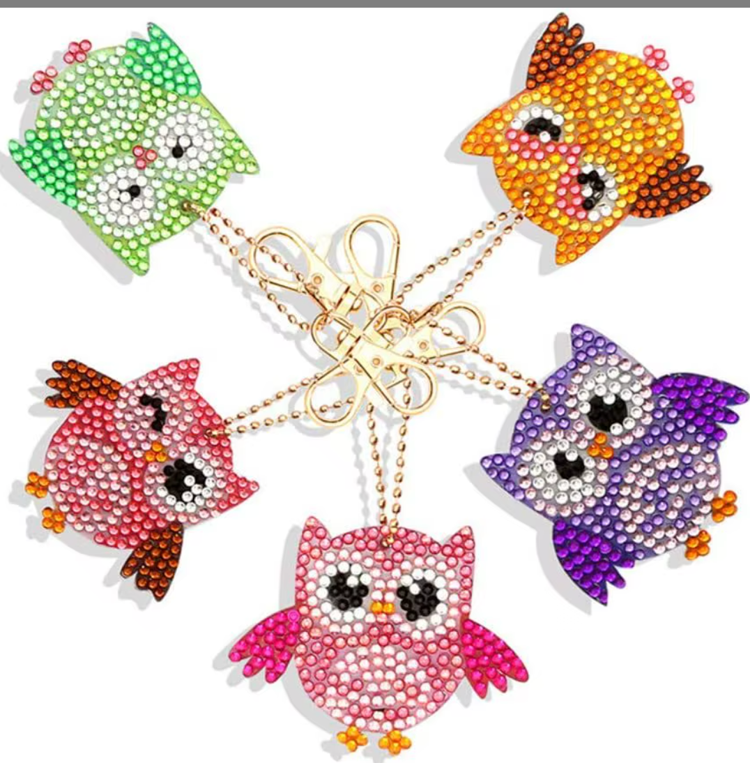 Cartoon owl diamond painting keychain set, five colorful owls
