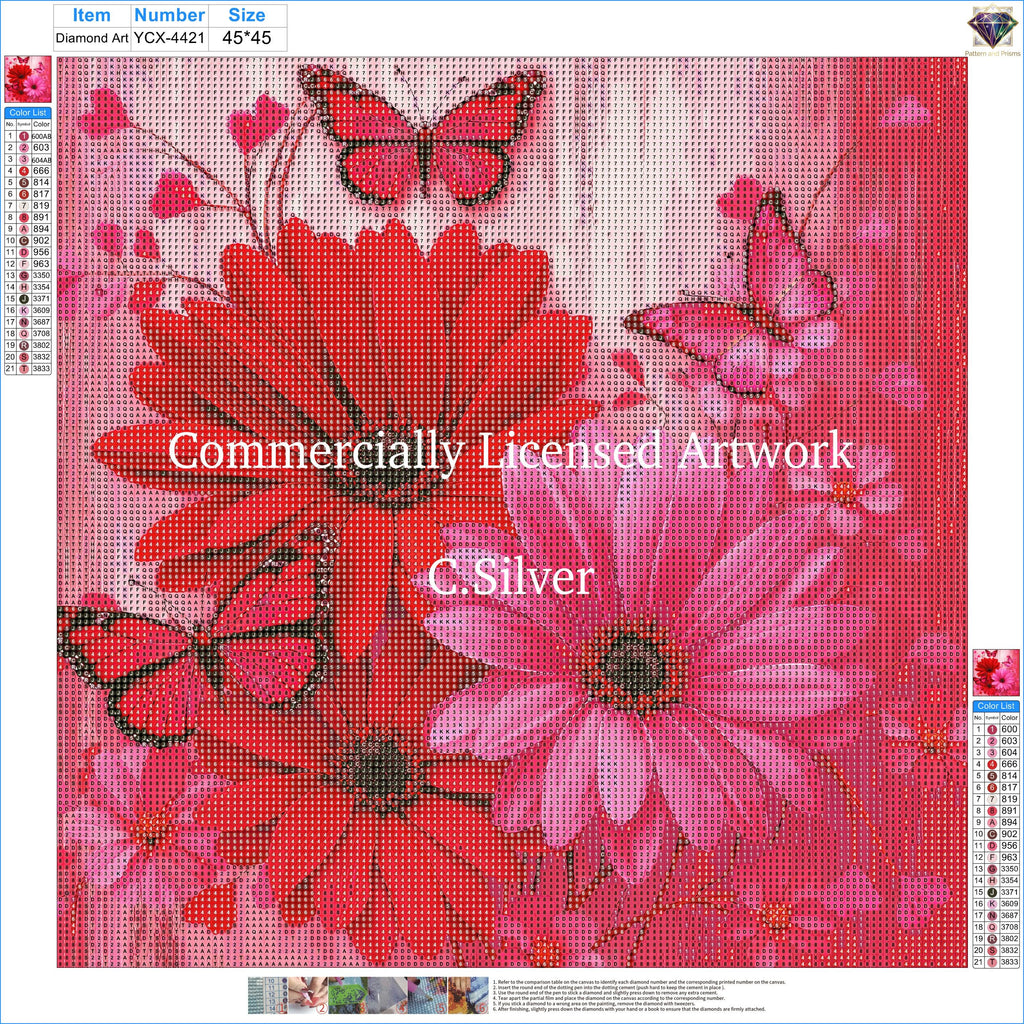 Crimson Blush Floral Diamond Painting Kit – Red Pink Butterfly Daisy | 45x45cm (18x18in) Full Drill, Round Drill