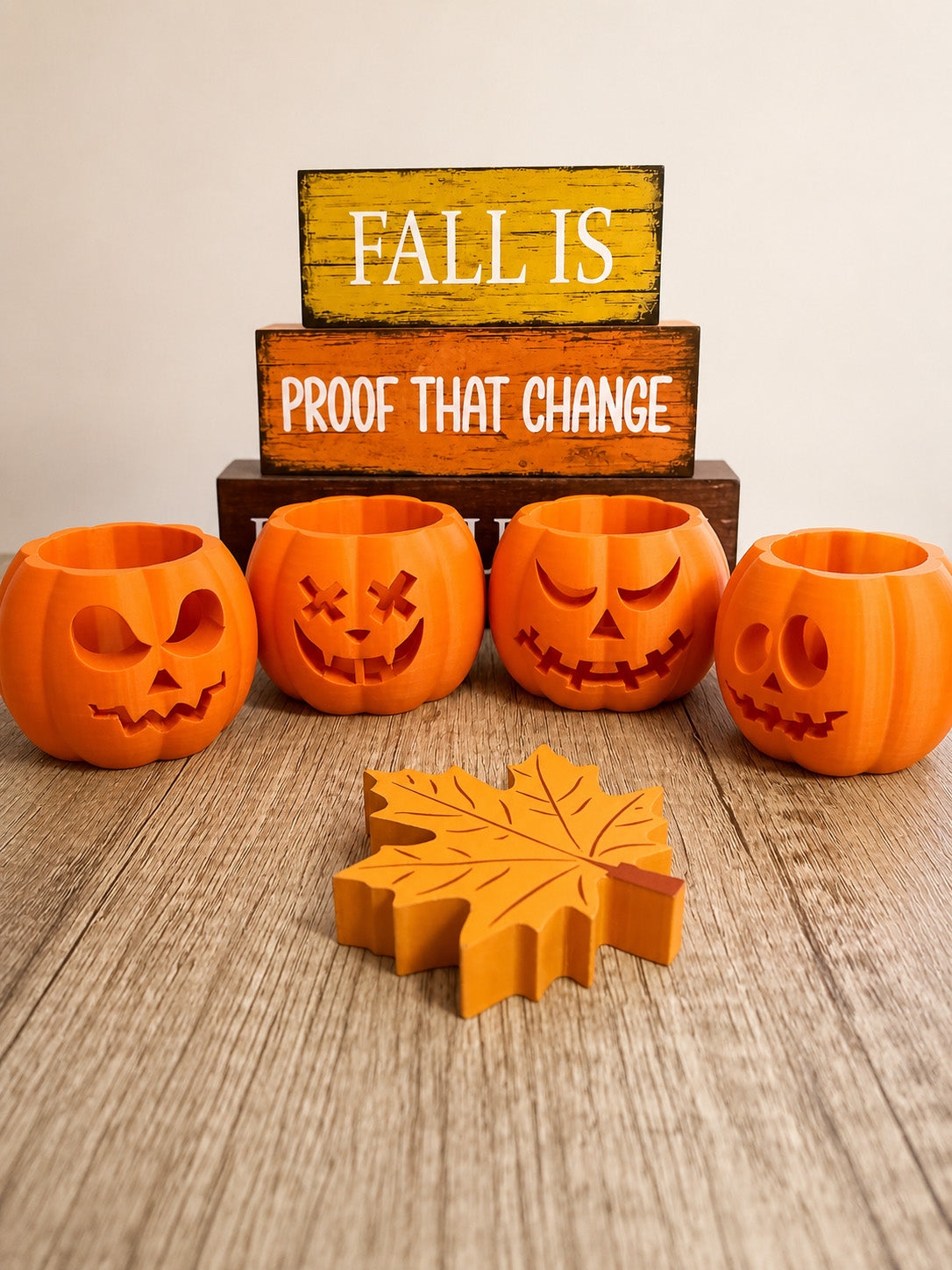 Mini Jack-o'-Lantern Votive Set of 4 — 3D Printed Halloween Candle Holders, LED Candles & Batteries Included