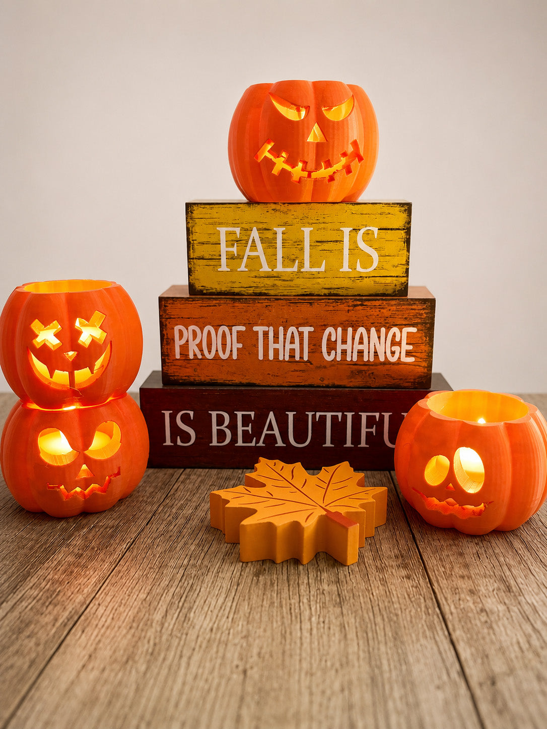 Mini Jack-o'-Lantern Votive Set of 4 — 3D Printed Halloween Candle Holders, LED Candles & Batteries Included