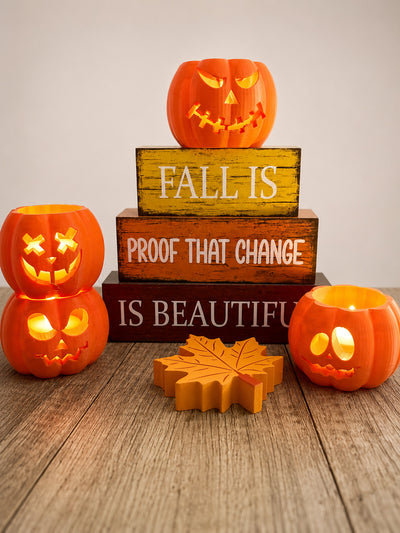 Mini Jack-o'-Lantern Votive Set of 4 — 3D Printed Halloween Candle Holders, LED Candles & Batteries Included