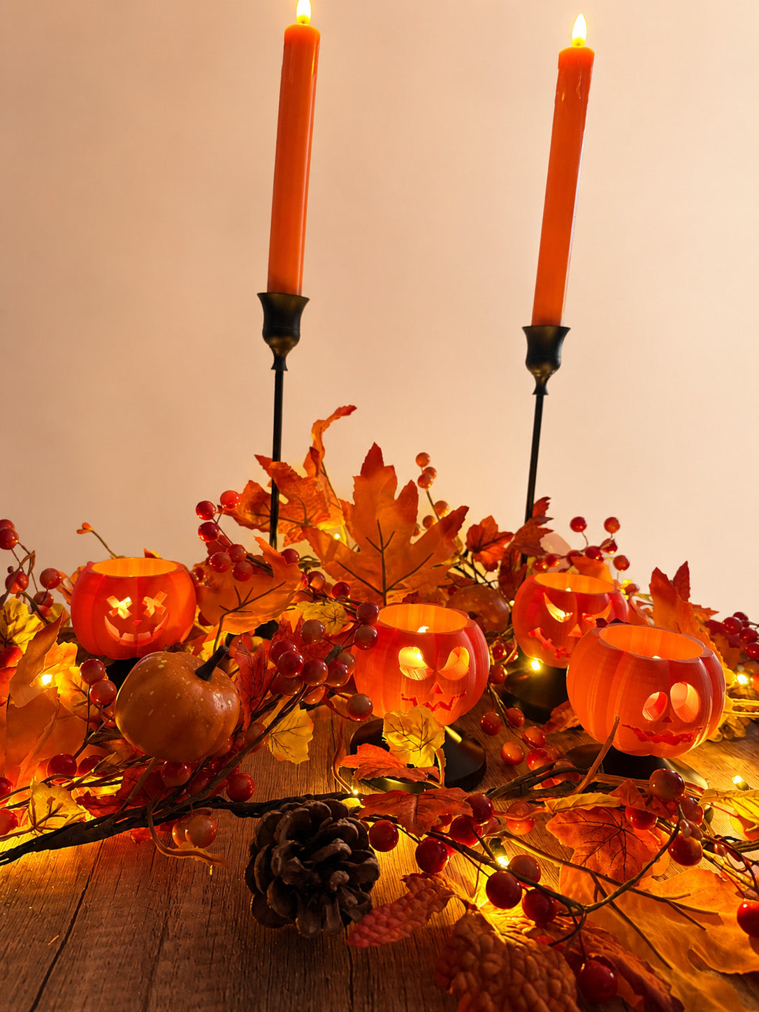 Mini Jack-o'-Lantern Votive Set of 4 — 3D Printed Halloween Candle Holders, LED Candles & Batteries Included