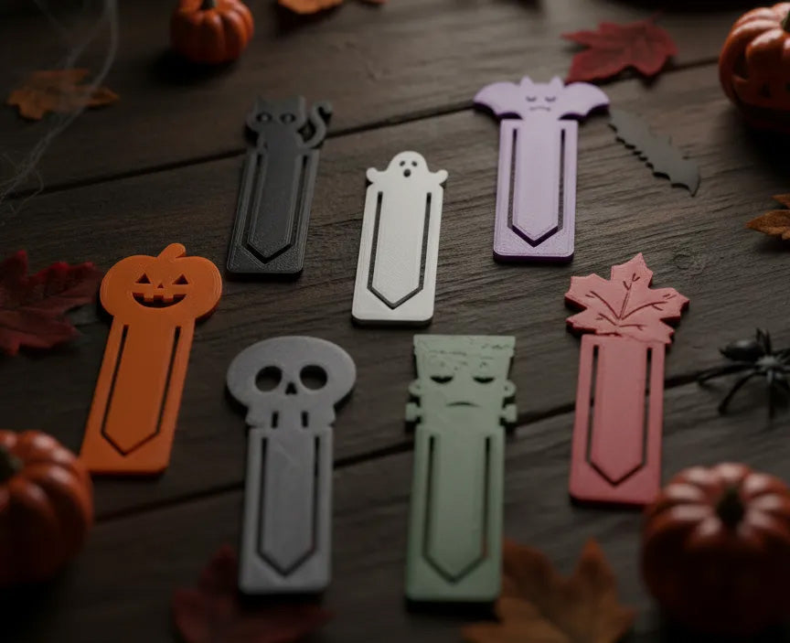 Halloween Bookmark Set of 7 — 3D Printed Spooky Page Clips (Pumpkin, Cat, Ghost, Bat, Skull, Frankenstein & Maple Leaf)