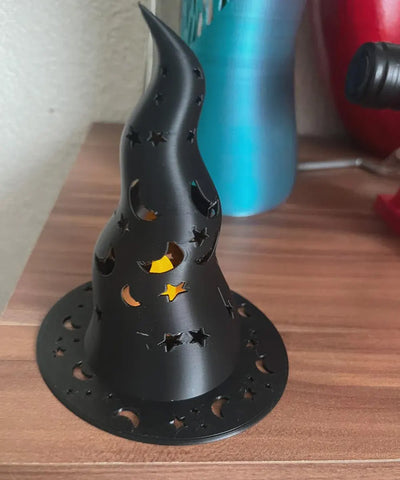 Witch Hat Votive Holder — 3D Printed Halloween Candle Holder in Matte Black, LED Candle and Batteries Included