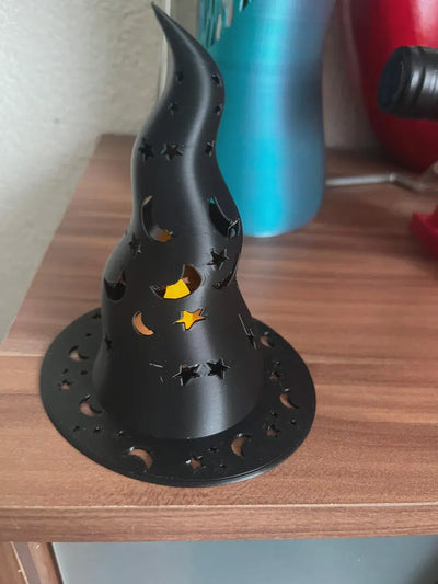Witch Hat Votive Holder — 3D Printed Halloween Candle Holder in Matte Black, LED Candle and Batteries Included